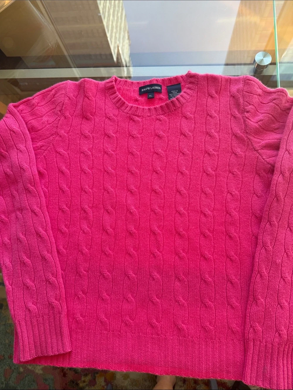 Ralph Lauren Cashmere Cable Crewneck Girls Hot Pink Pullover Sweater. Size XL.